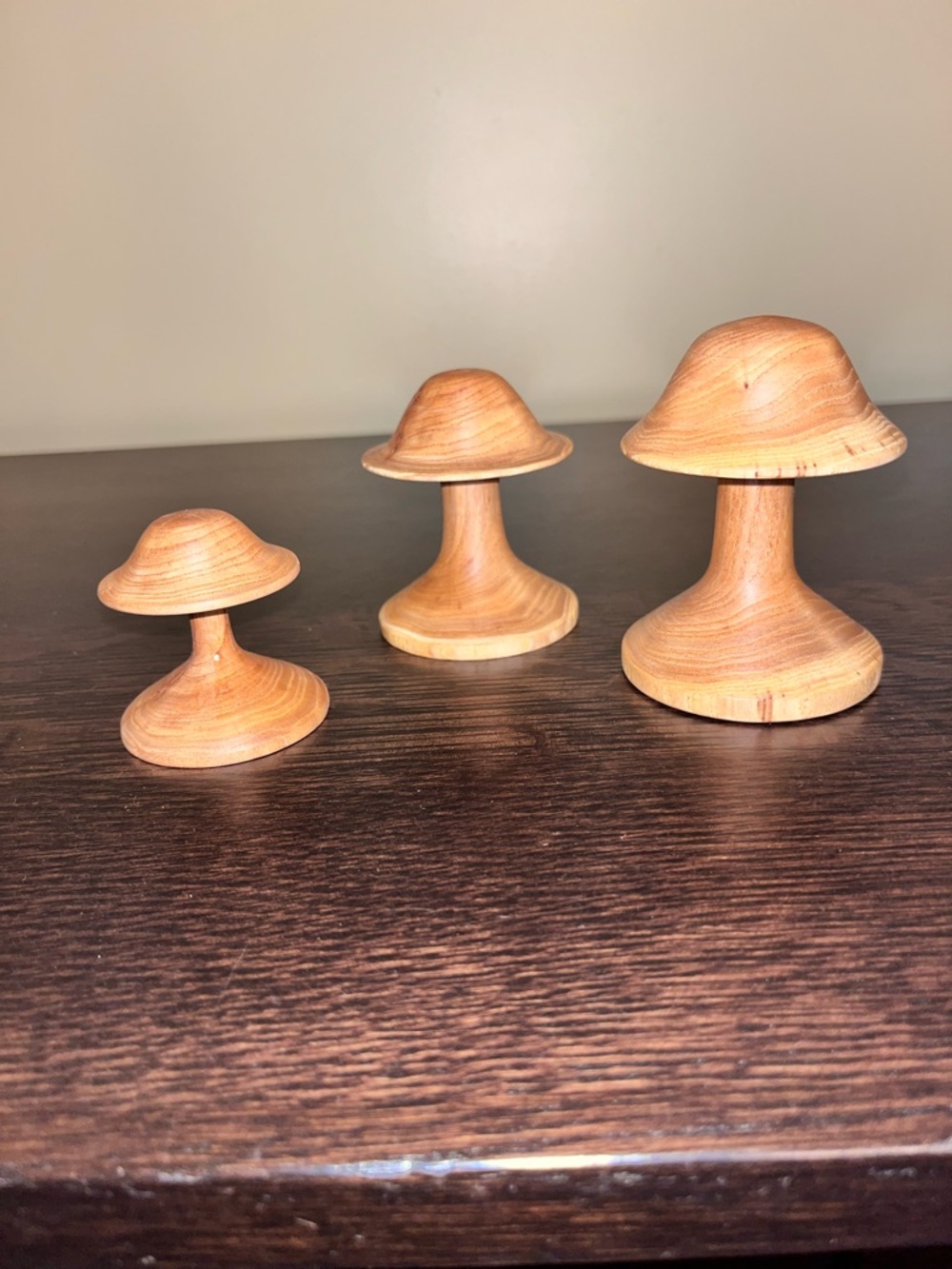 3 Vintage Mushroom Hand Turned  Wood Sculpture